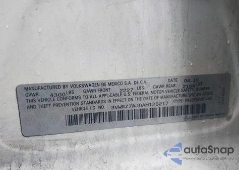 2010 Volkswagen Jetta Limited Edition z USA, uszkodzony, nr VIN 3VWRZ7AJ0AM125217